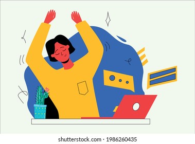 Cute girl sitting at her desk at work. Desktop with a laptop. Break at work, a woman does a warm-up at work