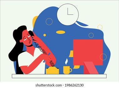 Cute girl sitting at her desk at work. Desktop with a laptop. A girl is talking on the phone, a work call, a girl is dissatisfied, tired, angry.