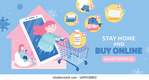 A cute girl sitting home and shopping online safely to avoid getting infected while going out to markets and crowed places