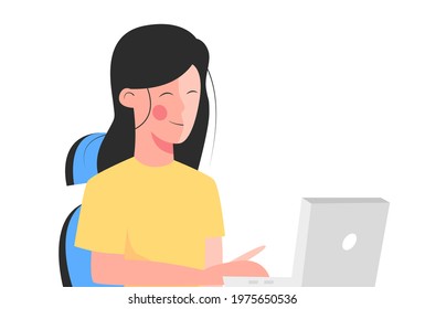 Cute girl sitting at a laptop on a white background