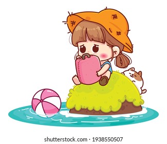 Cute girl sitting lonely hugging a suitcase on a deserted island cartoon illustration