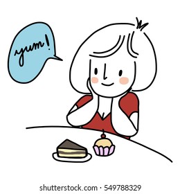 Cute girl sitting and looking at pieces of cakes. Girl has a beaming face and saying "Yum!" when looking at delicious cakes. Vector illustration.