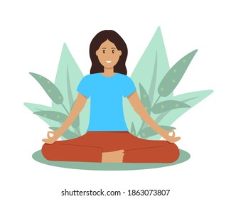 Cute girl sitting in the Lotus position and smiling with plant background.