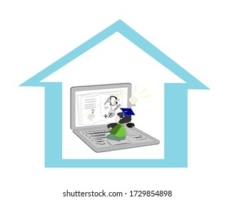 Cute girl is sitting with a notebook and studying online. Illustration vector cartoon character on white isolated background. clipart education concept. Flat design.