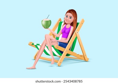 cute girl sitting on beach chair and drinking green coconut drink.use for summer concept banner design.