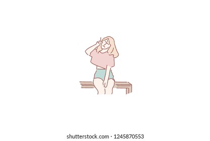 cute girl sitting on the bench with peace pose. illustration with hand drawn or doodle style vector design