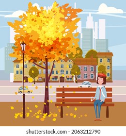 Cute girl sitting on a bench with a cup of coffee, under a tree with falling yellow leaves in a city park. Vector, illustration