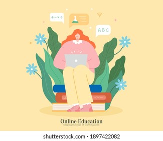 Cute girl sitting on books and using laptop with floral background. Illustration in flat design, suitable for webinar, distance learning, online education