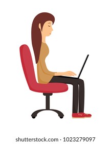 Cute girl sitting on chair and chatting. Woman with beige shirt, black jeans red snikers sitting on the chair and lying down with laptop isolated on white background.