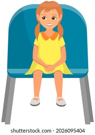 Cute girl sitting on chair and watching show isolated on white background. Little female character in viewer seat looking at performance. Toddler in audience, spectator sitting on viewer place