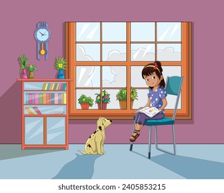 Cute girl sitting on the chair and reading book while puppy is looking at her vector illustration