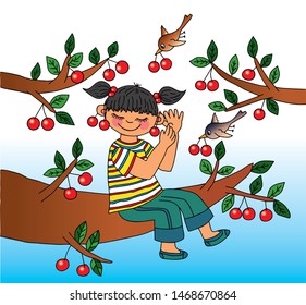 Cute girl is sitting on a cherry tree. Colored vector for card or gift.