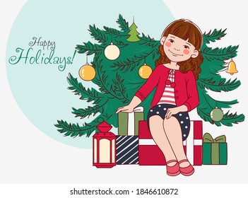 Cute girl sitting on Christmas presents in front of Christmas tree. Christmas vector illustration in bright colors