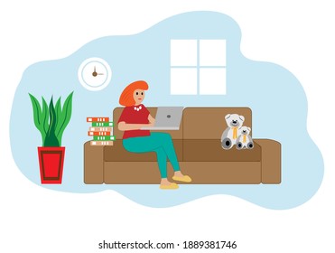 Cute girl sitting on the couch and working at a laptop in the room from home.  Home office. Vector illustration in flat style.