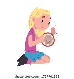 Cute Girl Sitting on the Floor and Embroidering, Child Daily Routine Activity Cartoon Style Vector Illustration on White Background