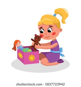 Cute Girl Sitting on Floor Playing Toys, Kids Good Behavior Cartoon Style Vector Illustration