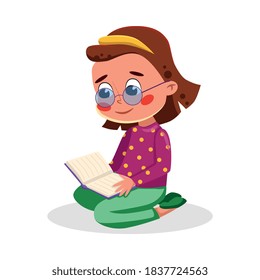 Cute Girl Sitting on Floor and Reading Book, Kids Good Behavior Cartoon Style Vector Illustration