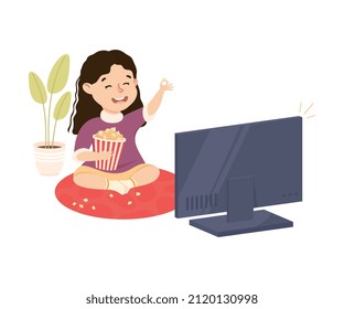 Cute Girl Sitting on the Floor with Popcorn and Watching TV Vector Illustration