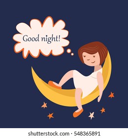 Cute girl sitting on the moon and Good night text in the cloud. Star on the background.