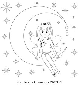Cute girl sitting on the Moon on background night starry sky. Cartoon style. Vector illustration isolated on white for coloring book. EPS10. svg