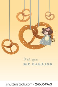 Cute girl sitting on pretzel. Isolated vector illustration