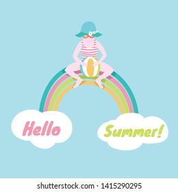 Cute girl sitting on a rainbow. Whimsical summer illustration for placement print, fabric, invitation cards, backgrounds with Hello Summer text.