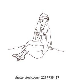 cute girl sitting the rock  outline drawing vector illustration