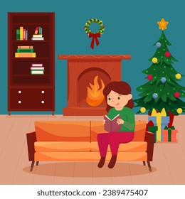 A cute girl is sitting on the sofa with a Book. Christmas interior. Christmas Fairy tales and Stories. Vector illustration