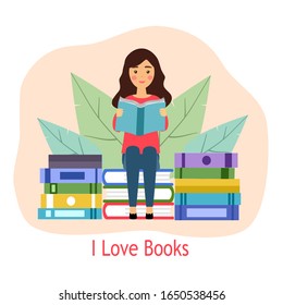 Cute girl sitting on a stack of books and reading book. I love books. I love reading concept vector illustration on white background.
