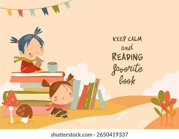 Cute Girl sitting on Stack of Book in Autumn Park. Vector illustration