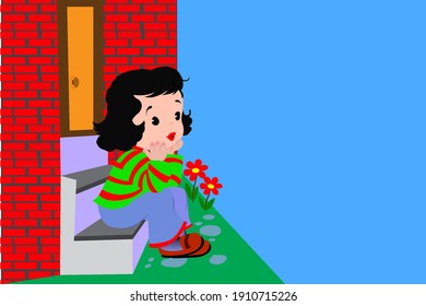 cute girl sitting on staircase little one waiting vector illustration