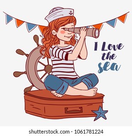 Cute girl sitting on a suitcase and looking in spyglass. Travel and adventure concept