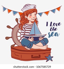 Cute girl sitting on a suitcase and playing with toy sailing boat. Travel vector concept