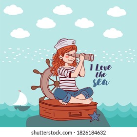 Cute girl sitting on a suitcase and looking in spyglass. Travel and adventure concept