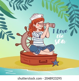 Cute girl sitting on a suitcase and looking in spyglass. Travel and adventure concept