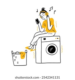 A cute girl is sitting on a washing machine, listening to music on her mobile phone. Hand drawing vector illustration doodle style.