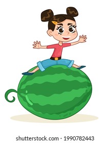 Cute girl sitting on watermelon. Child with fruits. Vector illustration. Isolated on a white background.
