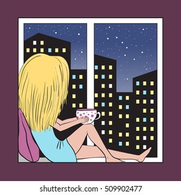 Cute girl sitting on a window sill with a mug. Night city outside the window. Girl looking out the window. Beautiful vector illustration.