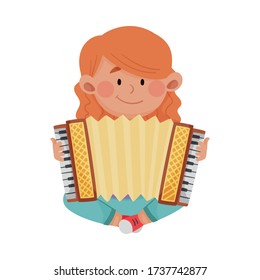 Cute Girl Sitting and Playing Harmonica Vector Illustration