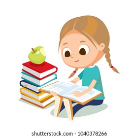 Cute girl sitting and reading book beside near with pile of books. Isolated vector illustration.