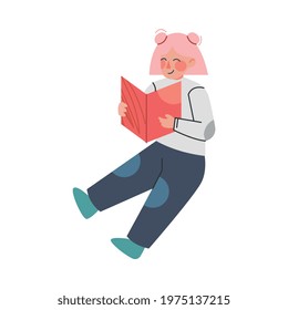 Cute Girl Sitting and Reading Book, Childrens Hobby and Education Cartoon Vector Illustration
