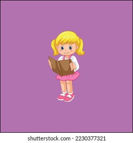 Cute girl sitting and reading book beside near with pile of books. Isolated vector illustration.