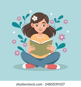 Cute girl sitting reading a book and dreaming. Portrait of a girl with a book. Education and recreation concept. Illustration in flat style.