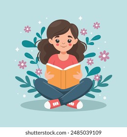 Cute girl sitting reading a book and dreaming. Portrait of a girl with a book. Education and recreation concept. Illustration in flat style.
