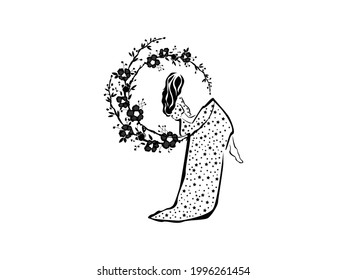cute girl sitting romantic on the flower ring. t-shirt print, book illustrations for children, silhouette of a beautiful girl, stars symbol, Princess girl, Young, sweet girl in a charming dress