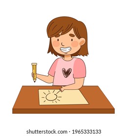 Cute Girl Sitting at Table and Drawing with Pencil Vector Illustration