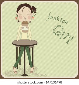 Cute girl sitting at the table drinking coffee. Illustration of a girl on a vintage background.