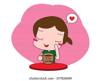 Cute girl sitting at the table drinking coffee