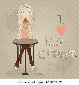 Cute girl sitting at the table eating ice cream. Illustration of a girl on a vintage background. eps 10 