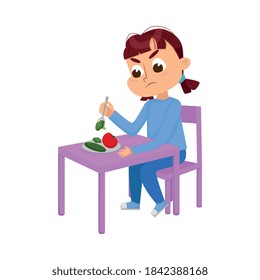 Cute Girl Sitting at Table and Eating, Child Does Not Want to Eat Vegetables Cartoon Style Vector Illustration